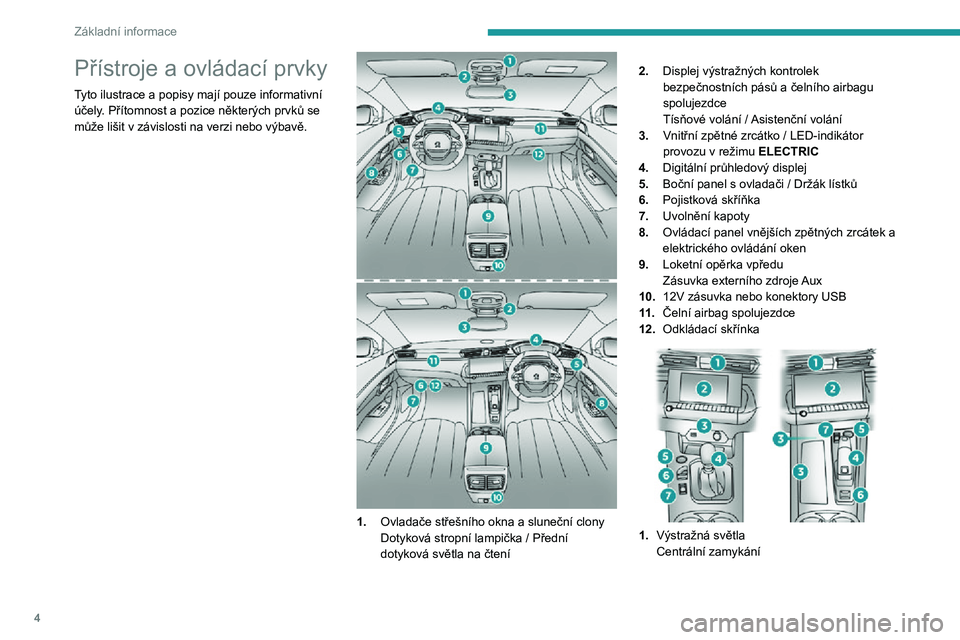 Peugeot 508 2020  Návod k obsluze (in Czech) 4
Základní informace
Přístroje a ovládací prvky
Tyto ilustrace a popisy mají pouze informativní 
účely. Přítomnost a pozice některých prvků se 
může lišit v závislosti na verzi nebo