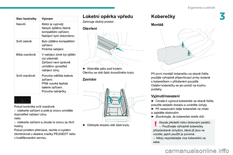 Peugeot 508 2020  Návod k obsluze (in Czech) 61
Ergonomie a pohodlí
3Stav kontrolkyVýznam
Nesvítí. Motor je vypnutý.
Nebylo zjištěno žádné 
kompatibilní zařízení.
Nabíjení bylo dokončeno.
Svítí zeleně. Bylo zjištěno kompati