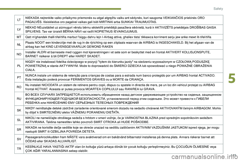 Peugeot 508 2019  Owners Manual 115
LTNIEK ADA neįrenkite vaiko prilaikymo priemonės su atgal atgręžtu vaiku ant sėdynės, kuri saugoma VEIKIANČIOS priekinės ORO 
PAGALVĖS. Išsiskleidus oro pagalvei vaikas gali būti MIRTIN