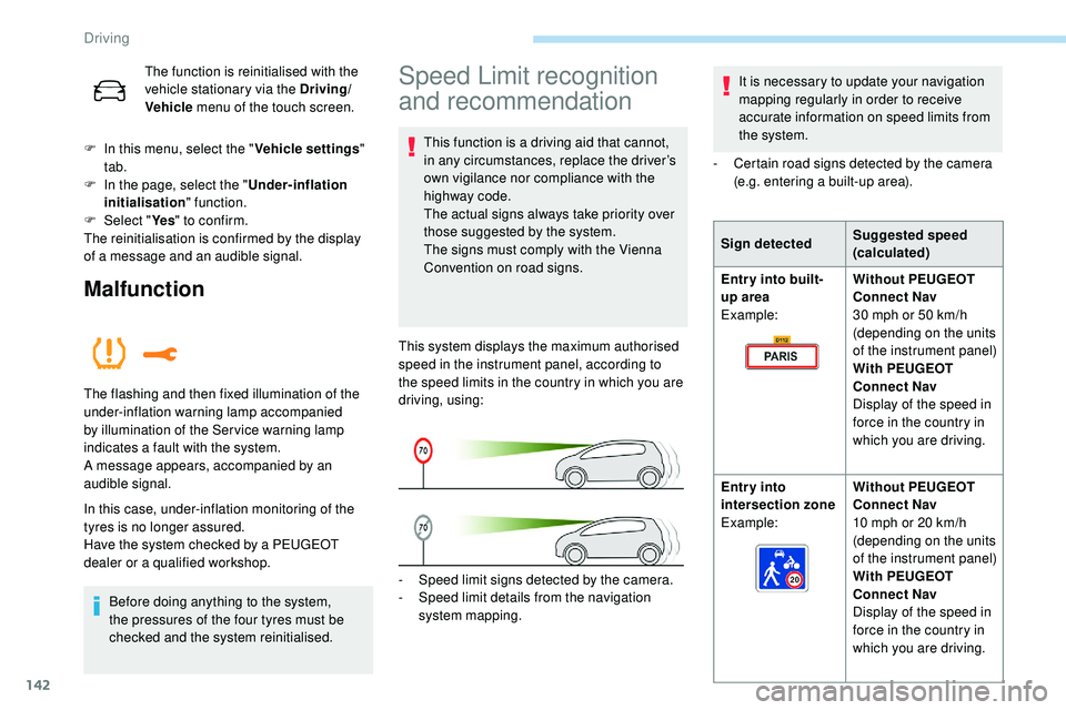 Peugeot 508 2019  Owners Manual 142
The function is reinitialised with the 
vehicle stationary via the Driving/
Vehicle menu of the touch screen.
F
 
I

n this menu, select the " Vehicle settings" 
tab.
F
 
I

n the page, se