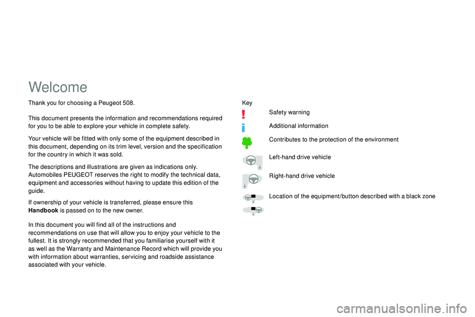 Peugeot 508 2019  Owners Manual Welcome
The descriptions and illustrations are given as indications only.
Automobiles PEUGEOT reser ves the right to modify the technical data, 
equipment and accessories without having to update this