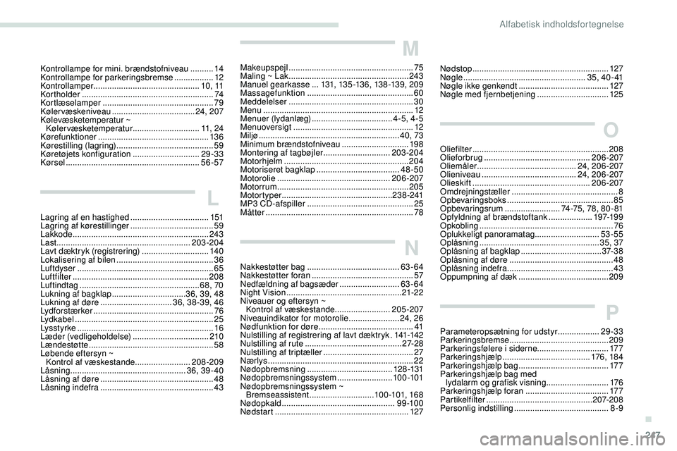 Peugeot 508 2019 Instruktionsbog (in Danish) 247
Kontrollampe for mini. brændstofniveau ..........14
Kontrollampe for parkeringsbremse .................12
Kontrollamper
.............................................. 1 0 , 11
Kortholder
.. Peugeot 508 2019 Instruktionsbog (in Danish) 247
Kontrollampe for mini. brændstofniveau ..........14
Kontrollampe for parkeringsbremse .................12
Kontrollamper
.............................................. 1 0 , 11
Kortholder
..