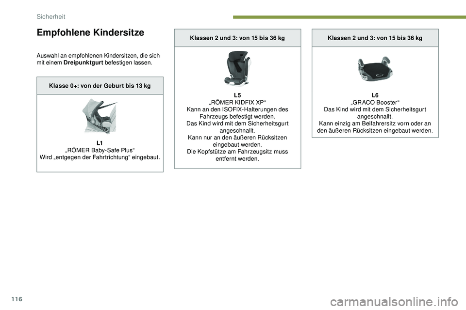 Peugeot 508 2019 Betriebsanleitung (in German) 116
Empfohlene Kindersitze
Auswahl an empfohlenen Kindersitzen, die sich
mit einem Dreipunktgurt befestigen lassen.
Klasse 0+: von der Gebur t bis 13 kg
L1
„RÖMER Baby-Safe Plus“
Wird „entgege Peugeot 508 2019 Betriebsanleitung (in German) 116
Empfohlene Kindersitze
Auswahl an empfohlenen Kindersitzen, die sich
mit einem Dreipunktgurt befestigen lassen.
Klasse 0+: von der Gebur t bis 13 kg
L1
„RÖMER Baby-Safe Plus“
Wird „entgege