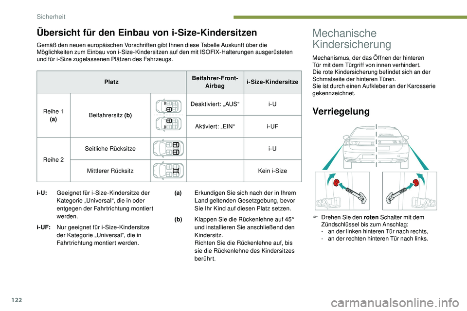 Peugeot 508 2019 Betriebsanleitung (in German) 122
Gemäß den neuen europäischen Vorschriften gibt Ihnen diese Tabelle Auskunft über die
Möglichkeiten zum Einbau von i-Size-Kindersitzen auf den mit ISOFIX-Halterungen ausgerüsteten
und für Peugeot 508 2019 Betriebsanleitung (in German) 122
Gemäß den neuen europäischen Vorschriften gibt Ihnen diese Tabelle Auskunft über die
Möglichkeiten zum Einbau von i-Size-Kindersitzen auf den mit ISOFIX-Halterungen ausgerüsteten
und für