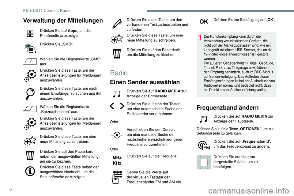 Peugeot 508 2019 Betriebsanleitung (in German) 6
Verwaltung der Mitteilungen
Drücken Sie auf Apps, um die
Primärseite anzuzeigen.
Drücken Sie „SMS“.
Wählen Sie die Registerkarte „SMS“
aus.
Drücken Sie diese Taste, um die
Anzeigeein Peugeot 508 2019 Betriebsanleitung (in German) 6
Verwaltung der Mitteilungen
Drücken Sie auf Apps, um die
Primärseite anzuzeigen.
Drücken Sie „SMS“.
Wählen Sie die Registerkarte „SMS“
aus.
Drücken Sie diese Taste, um die
Anzeigeein