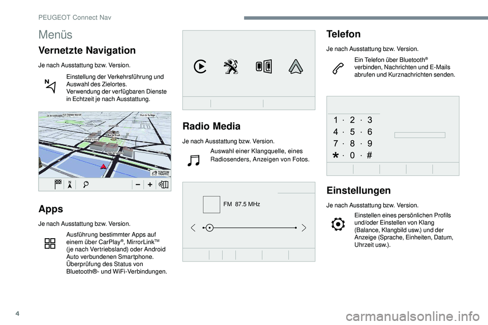 Peugeot 508 2019 Betriebsanleitung (in German) 4
FM 87.5 MHz
Radio Media
Je nach Ausstattung bzw. Version.Auswahl einer Klangquelle, eines
Radiosenders, Anzeigen von Fotos.
Telefon
Je nach Ausstattung bzw. Version.
Ein Telefon über Bluetooth
® Peugeot 508 2019 Betriebsanleitung (in German) 4
FM 87.5 MHz
Radio Media
Je nach Ausstattung bzw. Version.Auswahl einer Klangquelle, eines
Radiosenders, Anzeigen von Fotos.
Telefon
Je nach Ausstattung bzw. Version.
Ein Telefon über Bluetooth
®