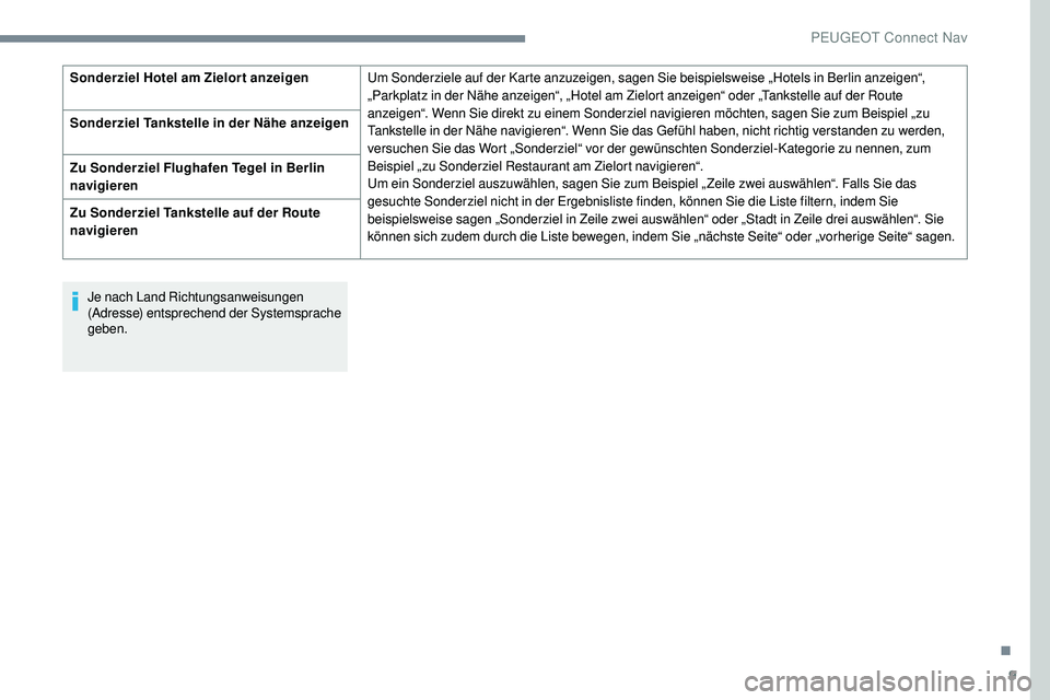 Peugeot 508 2019 Betriebsanleitung (in German) 9
Je nach Land Richtungsanweisungen
(Adresse) entsprechend der Systemsprache
geben.
Sonderziel Hotel am Zielort anzeigen
Um Sonderziele auf der Karte anzuzeigen, sagen Sie beispielsweise „Hotels i Peugeot 508 2019 Betriebsanleitung (in German) 9
Je nach Land Richtungsanweisungen
(Adresse) entsprechend der Systemsprache
geben.
Sonderziel Hotel am Zielort anzeigen
Um Sonderziele auf der Karte anzuzeigen, sagen Sie beispielsweise „Hotels i