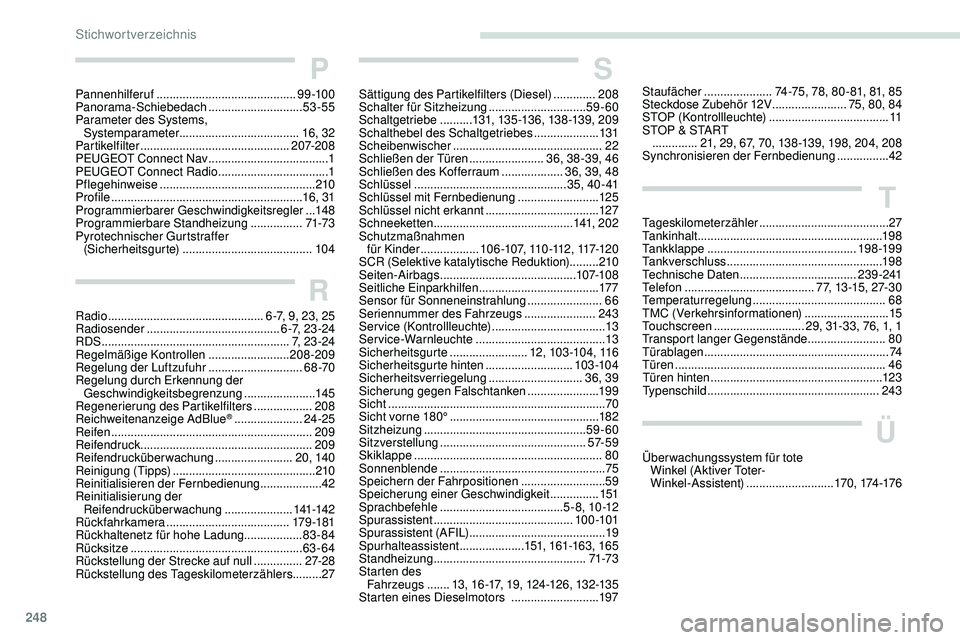 Peugeot 508 2019 Betriebsanleitung (in German) 248
P
Pannenhilferuf ...........................................9 9 -10 0
Panorama-Schiebedach ............................. 53
-55
Parameter des Systems, Systemparameter
........................... Peugeot 508 2019 Betriebsanleitung (in German) 248
P
Pannenhilferuf ...........................................9 9 -10 0
Panorama-Schiebedach ............................. 53
-55
Parameter des Systems, Systemparameter
...........................