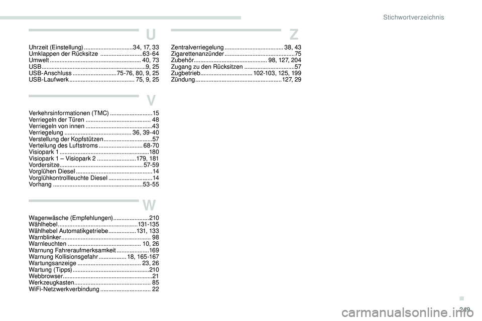 Peugeot 508 2019 Betriebsanleitung (in German) 249
Z
Zentralverriegelung .................................... 38, 43
Zigarettenanzünder ........................................... 75
Zubehör
............................................. 9
8, Peugeot 508 2019 Betriebsanleitung (in German) 249
Z
Zentralverriegelung .................................... 38, 43
Zigarettenanzünder ........................................... 75
Zubehör
............................................. 9
8,