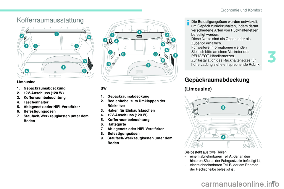 Peugeot 508 2019 Betriebsanleitung (in German) 81
Kofferraumausstattung
1.Gepäckraumabdeckung
2. 12V-Anschluss (120 W)
3. Kofferraumbeleuchtung
4. Taschenhalter
5. Ablagenetz oder HiFi-Verstärker
6. Befestigungsösen
7. Staufach/Werkzeugkasten u Peugeot 508 2019 Betriebsanleitung (in German) 81
Kofferraumausstattung
1.Gepäckraumabdeckung
2. 12V-Anschluss (120 W)
3. Kofferraumbeleuchtung
4. Taschenhalter
5. Ablagenetz oder HiFi-Verstärker
6. Befestigungsösen
7. Staufach/Werkzeugkasten u