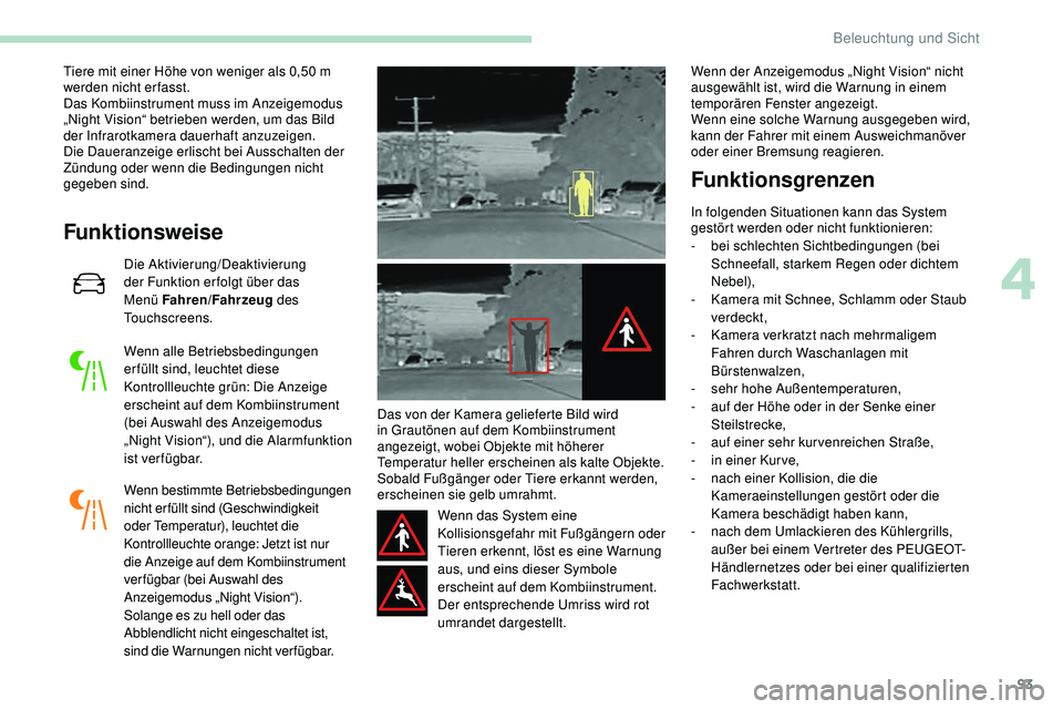 Peugeot 508 2019 Betriebsanleitung (in German) 93
Tiere mit einer Höhe von weniger als 0,50 m
w erden nicht erfasst.
Das Kombiinstrument muss im Anzeigemodus
„Night Vision“ betrieben werden, um das Bild
der Infrarotkamera dauerhaft anzuzei Peugeot 508 2019 Betriebsanleitung (in German) 93
Tiere mit einer Höhe von weniger als 0,50 m
w erden nicht erfasst.
Das Kombiinstrument muss im Anzeigemodus
„Night Vision“ betrieben werden, um das Bild
der Infrarotkamera dauerhaft anzuzei