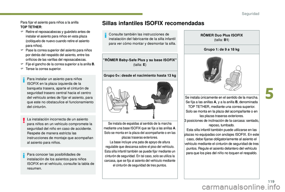 Peugeot 508 2019 Manual del propietario (in Spanish) 119
La instalación incorrecta de un asiento
para niños en un vehículo compromete la
seguridad del niño en caso de accidente.
Respete de manera estricta las
instrucciones de montaje que acompañ Peugeot 508 2019 Manual del propietario (in Spanish) 119
La instalación incorrecta de un asiento
para niños en un vehículo compromete la
seguridad del niño en caso de accidente.
Respete de manera estricta las
instrucciones de montaje que acompañ