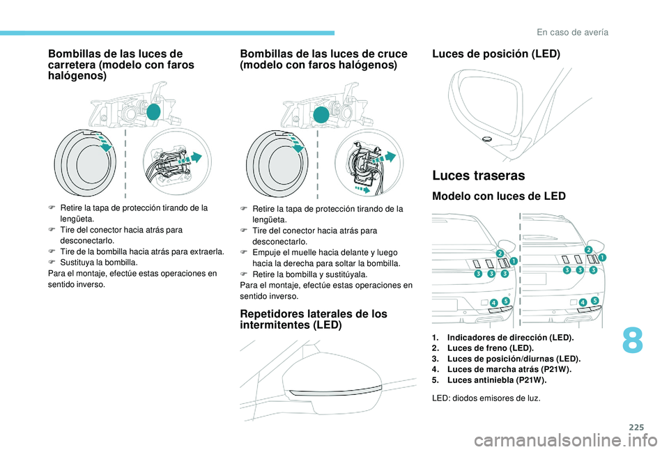 Peugeot 508 2019 Manual del propietario (in Spanish) 225
Bombillas de las luces de
carretera (modelo con faros
halógenos)
F Retire la tapa de protección tirando de la lengüeta.
F
T
ire del conector hacia atrás para
desconectarlo.
F
T
ire de l Peugeot 508 2019 Manual del propietario (in Spanish) 225
Bombillas de las luces de
carretera (modelo con faros
halógenos)
F Retire la tapa de protección tirando de la lengüeta.
F
T
ire del conector hacia atrás para
desconectarlo.
F
T
ire de l