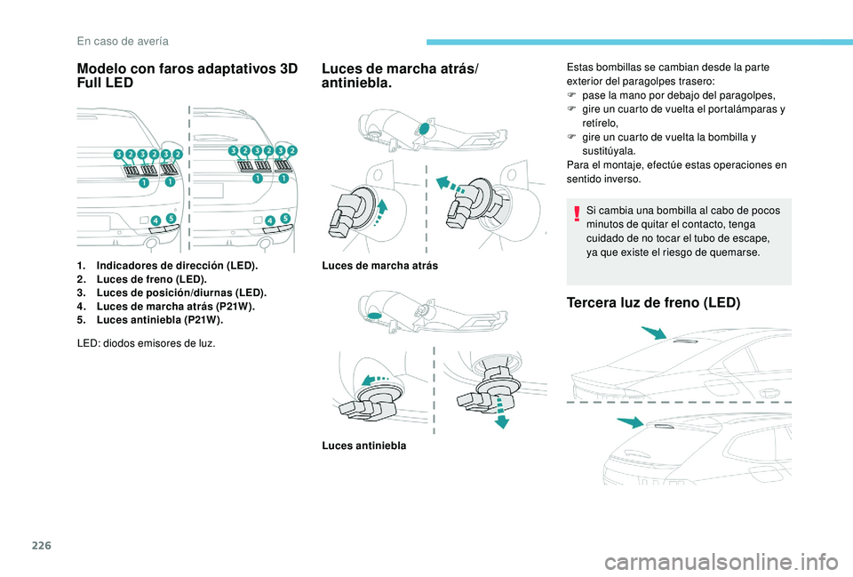 Peugeot 508 2019 Manual del propietario (in Spanish) 226
Modelo con faros adaptativos 3D
Full LED
1.Indicadores de dirección (LED).
2. Luces de freno (LED).
3. Luces de posición/diurnas (LED).
4. Luces de marcha atrás (P21W).
5. Luces antiniebla (P2 Peugeot 508 2019 Manual del propietario (in Spanish) 226
Modelo con faros adaptativos 3D
Full LED
1.Indicadores de dirección (LED).
2. Luces de freno (LED).
3. Luces de posición/diurnas (LED).
4. Luces de marcha atrás (P21W).
5. Luces antiniebla (P2