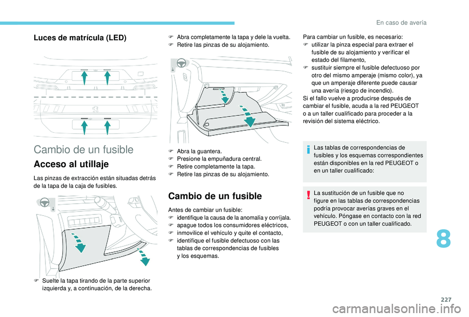 Peugeot 508 2019 Manual del propietario (in Spanish) 227
Luces de matrícula (LED)
Cambio de un fusible
Acceso al utillaje
Las pinzas de extracción están situadas detrás
de la tapa de la caja de fusibles.
Cambio de un fusible
Antes de cambiar un fus Peugeot 508 2019 Manual del propietario (in Spanish) 227
Luces de matrícula (LED)
Cambio de un fusible
Acceso al utillaje
Las pinzas de extracción están situadas detrás
de la tapa de la caja de fusibles.
Cambio de un fusible
Antes de cambiar un fus