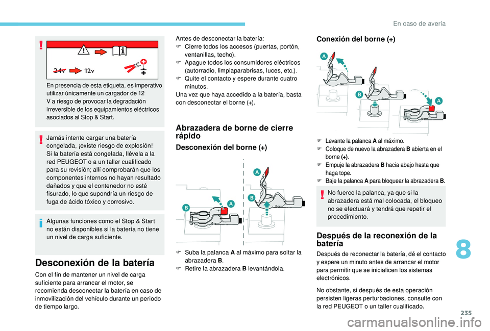 Peugeot 508 2019  Manual del propietario (in Spanish) 235
Jamás intente cargar una batería 
congelada, ¡existe riesgo de explosión!
Si la batería está congelada, llévela a la 
red PEUGEOT o a un taller cualificado 
para su revisión; allí comprob