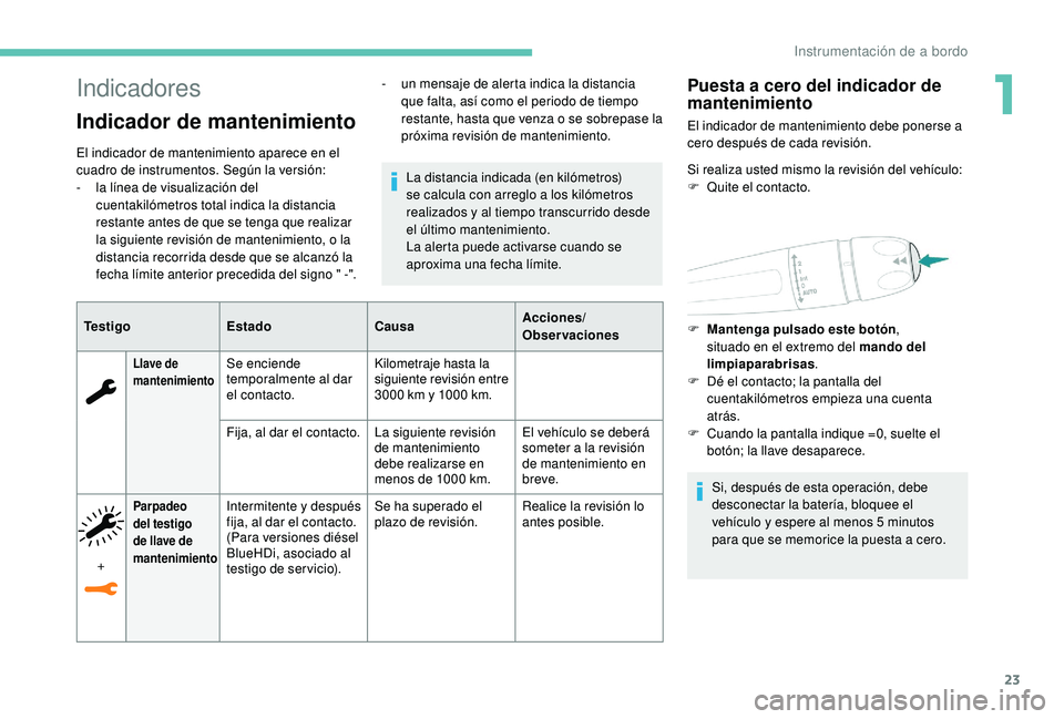 Peugeot 508 2019  Manual del propietario (in Spanish) 23
Indicadores
Indicador de mantenimiento
El indicador de mantenimiento aparece en el 
cuadro de instrumentos. Según la versión:
- 
l
 a línea de visualización del 
cuentakilómetros total indica 