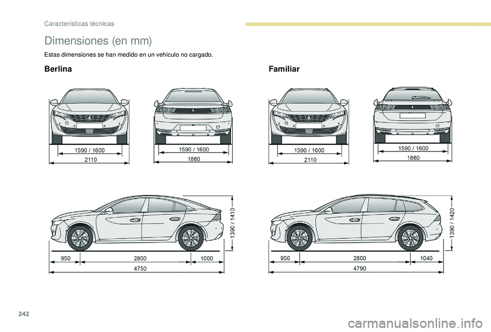 Peugeot 508 2019  Manual del propietario (in Spanish) 242
Dimensiones (en mm)
Estas dimensiones se han medido en un vehículo no cargado.
BerlinaFamiliar 
Características técnicas  