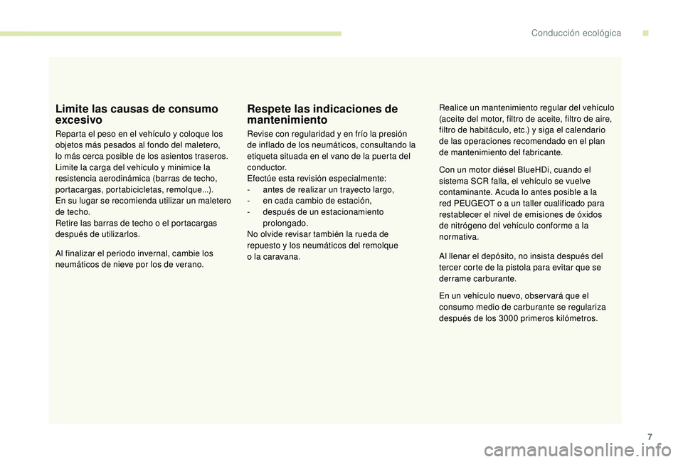 Peugeot 508 2019 Manual del propietario (in Spanish) 7
Limite las causas de consumo
excesivo
Reparta el peso en el vehículo y coloque los
objetos más pesados al fondo del maletero,
lo
más cerca posible de los asientos traseros.
Limite la carga d Peugeot 508 2019 Manual del propietario (in Spanish) 7
Limite las causas de consumo
excesivo
Reparta el peso en el vehículo y coloque los
objetos más pesados al fondo del maletero,
lo
más cerca posible de los asientos traseros.
Limite la carga d