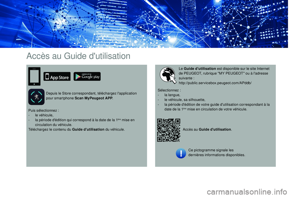 Peugeot 508 2019 Manuel du propriétaire (in French) Accès au Guide d'utilisation
Depuis le Store correspondant, téléchargez l'application
pour smartphone Scan MyPeugeot APP.
Accès au Guide d'utilisation.
Le Guide d'utilisation
est Peugeot 508 2019 Manuel du propriétaire (in French) Accès au Guide d'utilisation
Depuis le Store correspondant, téléchargez l'application
pour smartphone Scan MyPeugeot APP.
Accès au Guide d'utilisation.
Le Guide d'utilisation
est