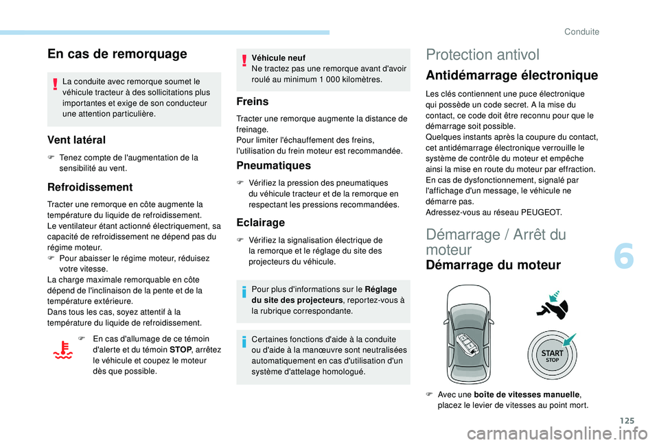 Peugeot 508 2019 Manuel du propriétaire (in French) 125
En cas de remorquage
La conduite avec remorque soumet le
véhicule tracteur à des sollicitations plus
importantes et exige de son conducteur
une attention particulière.
Vent latéral
F Tenez Peugeot 508 2019 Manuel du propriétaire (in French) 125
En cas de remorquage
La conduite avec remorque soumet le
véhicule tracteur à des sollicitations plus
importantes et exige de son conducteur
une attention particulière.
Vent latéral
F Tenez