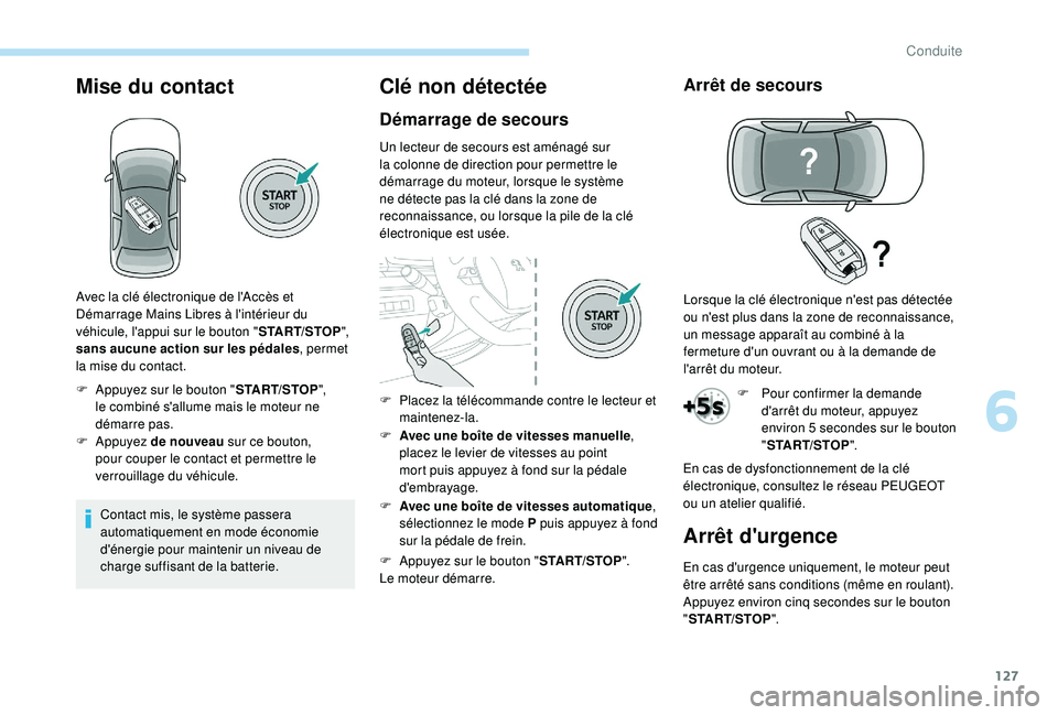 Peugeot 508 2019 Manuel du propriétaire (in French) 127
Mise du contact
Contact mis, le système passera
automatiquement en mode économie
d'énergie pour maintenir un niveau de
charge suffisant de la batterie.
Clé non détectée
Démarrage de Peugeot 508 2019 Manuel du propriétaire (in French) 127
Mise du contact
Contact mis, le système passera
automatiquement en mode économie
d'énergie pour maintenir un niveau de
charge suffisant de la batterie.
Clé non détectée
Démarrage de