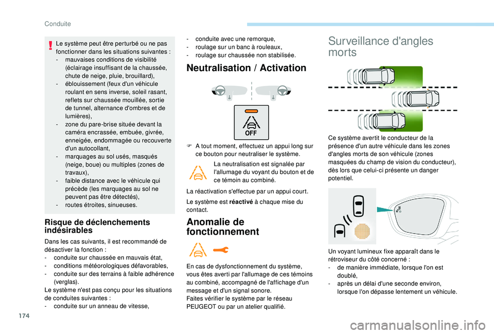 Peugeot 508 2019 Manuel du propriétaire (in French) 174
Le système peut être perturbé ou ne pas
fonctionner dans les situations suivantes :
-
m
auvaises conditions de visibilité
(éclairage insuffisant de la chaussée,
chute de neige, pluie, b Peugeot 508 2019 Manuel du propriétaire (in French) 174
Le système peut être perturbé ou ne pas
fonctionner dans les situations suivantes :
-
m
auvaises conditions de visibilité
(éclairage insuffisant de la chaussée,
chute de neige, pluie, b