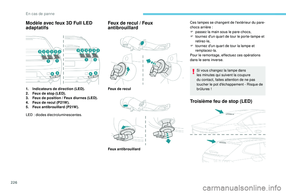 Peugeot 508 2019  Manuel du propriétaire (in French) 226
Modèle avec feux 3D Full LED 
adaptatifs
1.Indicateurs de direction (LED).
2. Feux de stop (LED).
3. Feux de position
  / Feux diurnes (LED).
4. Feux de recul (P21W).
5. Feux antibrouillard (P21W