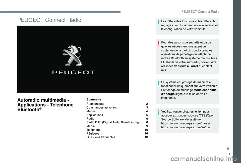Peugeot 508 2019  Manuel du propriétaire (in French) 1
PEUGEOT Connect Radio
Autoradio multimédia - 
Applications - Téléphone 
Bluetooth
®
Sommaire
Premiers pas  
2
C

ommandes au volant   
3
M

enus   
4
A

pplications   
5
R

adio   
6
R

adio DAB