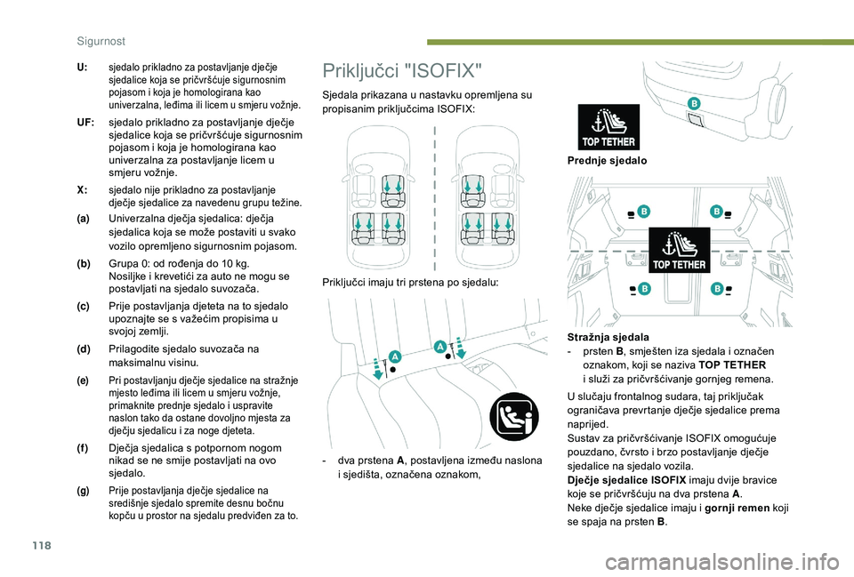 Peugeot 508 2019 Vodič za korisnike (in Croatian) 118
U:sjedalo prikladno za postavljanje dječje
sjedalice koja se pričvršćuje sigurnosnim
pojasom i koja je homologirana kao
univerzalna, leđima ili licem u smjeru vožnje.
UF:sjedalo prikladno Peugeot 508 2019 Vodič za korisnike (in Croatian) 118
U:sjedalo prikladno za postavljanje dječje
sjedalice koja se pričvršćuje sigurnosnim
pojasom i koja je homologirana kao
univerzalna, leđima ili licem u smjeru vožnje.
UF:sjedalo prikladno