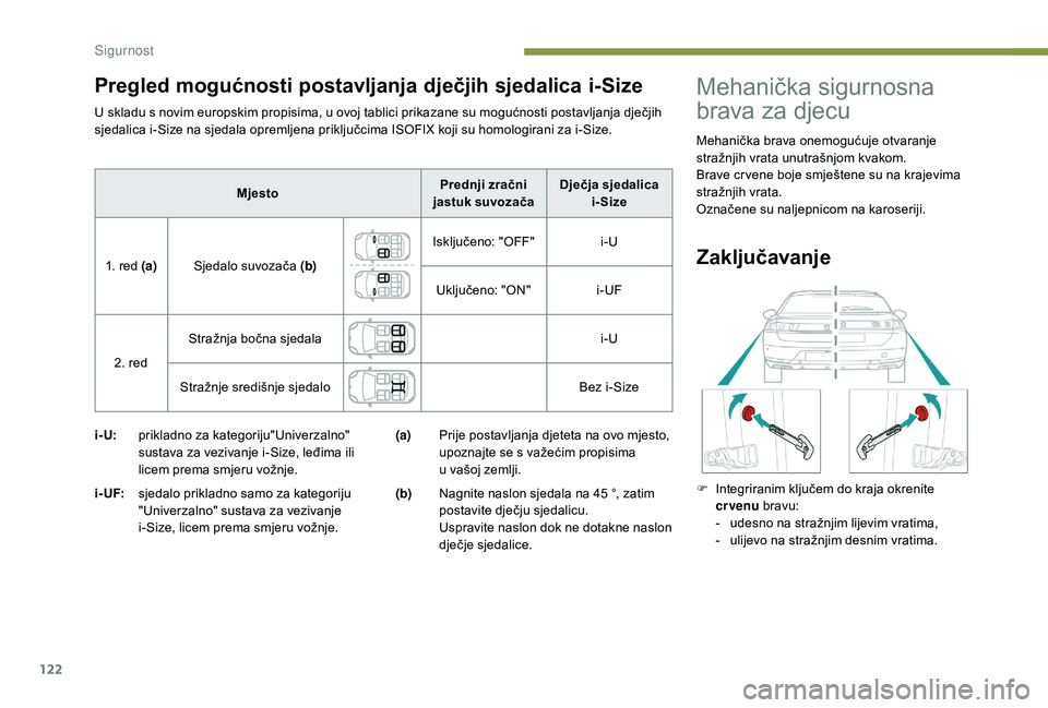 Peugeot 508 2019 Vodič za korisnike (in Croatian) 122
U skladu s novim europskim propisima, u ovoj tablici prikazane su mogućnosti postavljanja dječjih
sjedalica i-Size na sjedala opremljena priključcima ISOFIX koji su homologirani za i-Size.
i- Peugeot 508 2019 Vodič za korisnike (in Croatian) 122
U skladu s novim europskim propisima, u ovoj tablici prikazane su mogućnosti postavljanja dječjih
sjedalica i-Size na sjedala opremljena priključcima ISOFIX koji su homologirani za i-Size.
i-