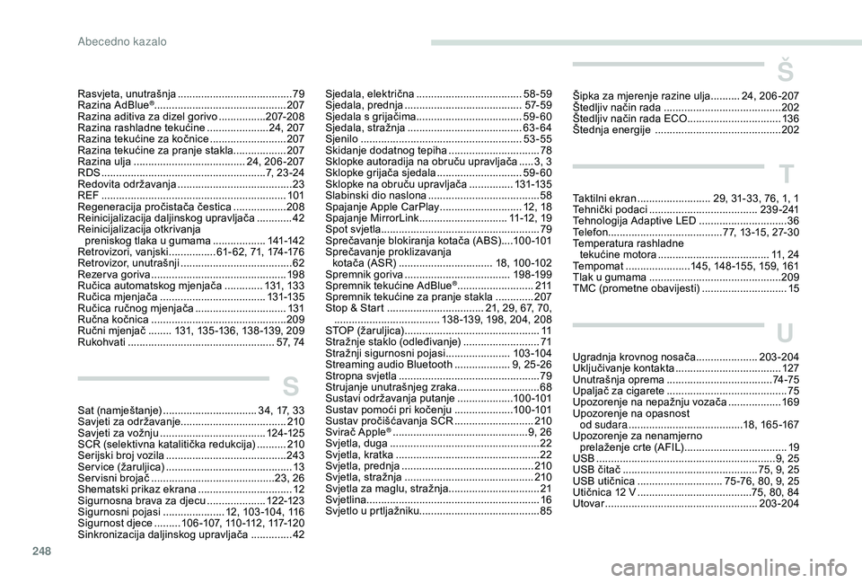 Peugeot 508 2019  Vodič za korisnike (in Croatian) 248
Sjedala, električna .................................... 58-59
Sjedala, prednja  ........................................ 57- 5 9
Sjedala s grijačima
  .................................... 59-60