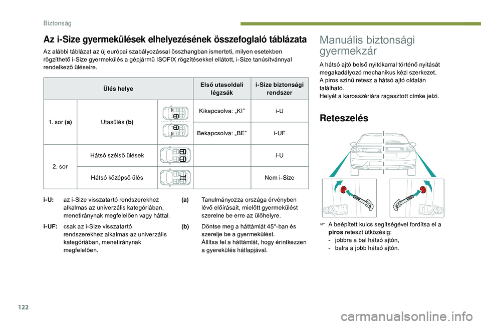 Peugeot 508 2019  Kezelési útmutató (in Hungarian) 122
Az alábbi táblázat az új európai szabályozással összhangban ismerteti, milyen esetekben 
rögzíthető i-Size gyermekülés a gépjármű ISOFIX rögzítésekkel ellátott, i-Size tanúsí
