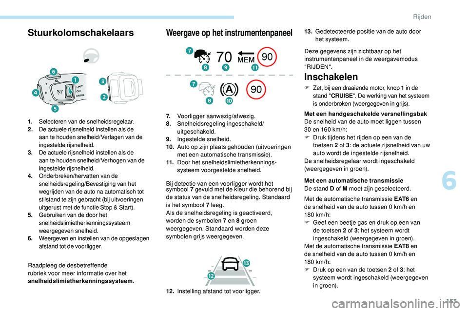 Peugeot 508 2019 Handleiding (in Dutch) 153
Stuurkolomschakelaars
Raadpleeg de desbetreffende
rubriek voor meer informatie over het
snelheidslimietherkenningssysteem.
1.
Selecteren van de snelheidsregelaar.
2. De actuele rijsnelheid inste Peugeot 508 2019 Handleiding (in Dutch) 153
Stuurkolomschakelaars
Raadpleeg de desbetreffende
rubriek voor meer informatie over het
snelheidslimietherkenningssysteem.
1.
Selecteren van de snelheidsregelaar.
2. De actuele rijsnelheid inste