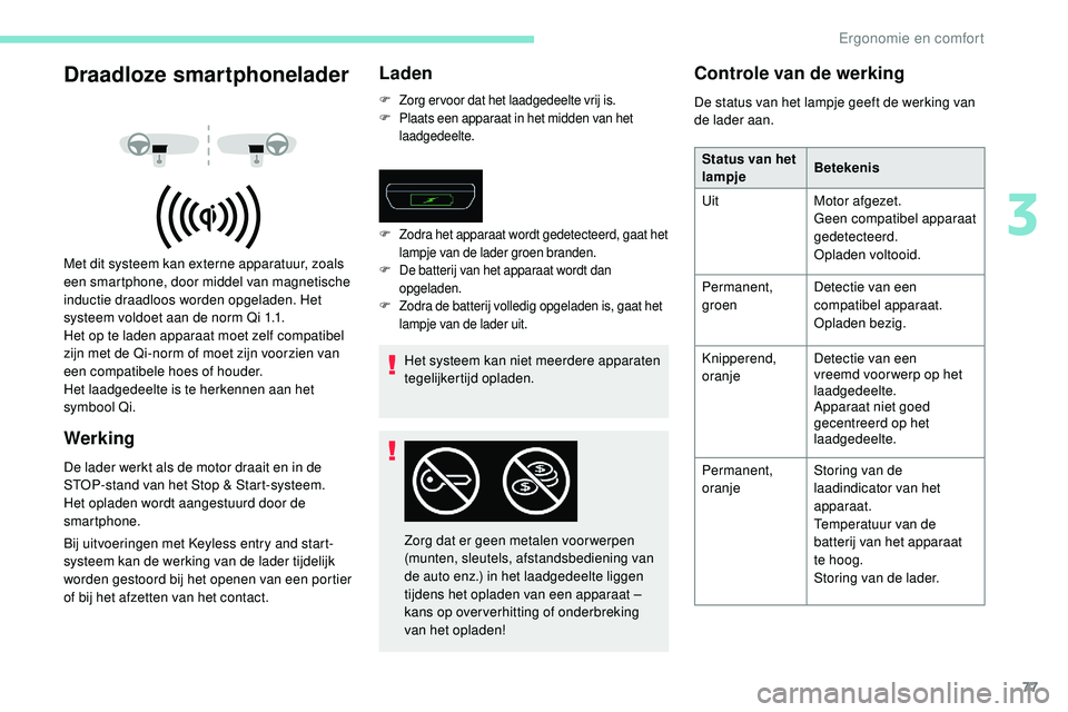 Peugeot 508 2019 Handleiding (in Dutch) 77
Draadloze smartphonelader
Met dit systeem kan externe apparatuur, zoals
een smartphone, door middel van magnetische
inductie draadloos worden opgeladen. Het
systeem voldoet aan de norm Qi 1.1.
H Peugeot 508 2019 Handleiding (in Dutch) 77
Draadloze smartphonelader
Met dit systeem kan externe apparatuur, zoals
een smartphone, door middel van magnetische
inductie draadloos worden opgeladen. Het
systeem voldoet aan de norm Qi 1.1.
H
