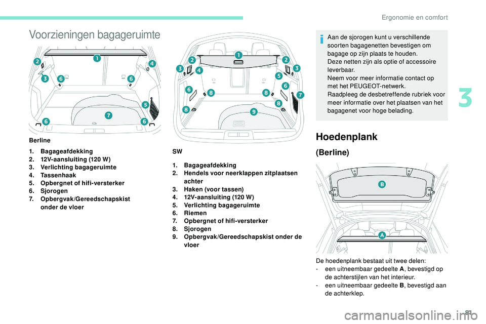 Peugeot 508 2019 Handleiding (in Dutch) 81
Voorzieningen bagageruimte
1.Bagageafdekking
2. 12V-aansluiting (120 W)
3. Verlichting bagageruimte
4. Tassenhaak
5. Opbergnet of hifi-versterker
6. Sjorogen
7. Opbergvak/Gereedschapskist
onder
Peugeot 508 2019 Handleiding (in Dutch) 81
Voorzieningen bagageruimte
1.Bagageafdekking
2. 12V-aansluiting (120 W)
3. Verlichting bagageruimte
4. Tassenhaak
5. Opbergnet of hifi-versterker
6. Sjorogen
7. Opbergvak/Gereedschapskist
onder