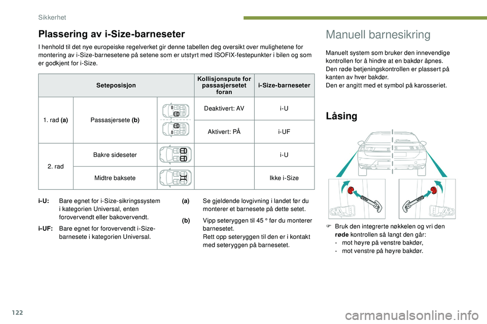 Peugeot 508 2019 Brukerhåndbok (in Norwegian) 122
I henhold til det nye europeiske regelverket gir denne tabellen deg oversikt over mulighetene for
montering av i-Size-barnesetene på setene som er utstyrt med ISOFIX-festepunkter i bilen og som Peugeot 508 2019 Brukerhåndbok (in Norwegian) 122
I henhold til det nye europeiske regelverket gir denne tabellen deg oversikt over mulighetene for
montering av i-Size-barnesetene på setene som er utstyrt med ISOFIX-festepunkter i bilen og som