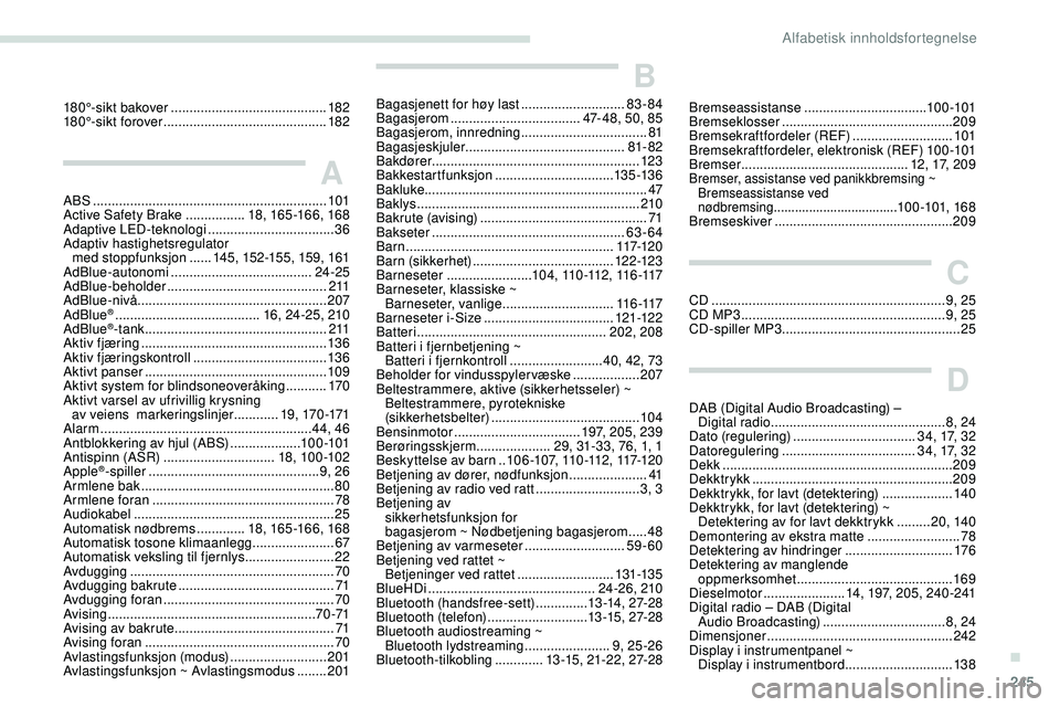 Peugeot 508 2019  Brukerhåndbok (in Norwegian) 245
180°-sikt bakover .......................................... 182
180°-sikt forover   ............................................ 182
A
ABS ......................................................