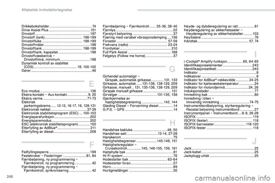 Peugeot 508 2019  Brukerhåndbok (in Norwegian) 246
Drikkeboksholder ............................................74
Drive Assist Plus   ........................................... 151
Drivstoff
 

...................................................