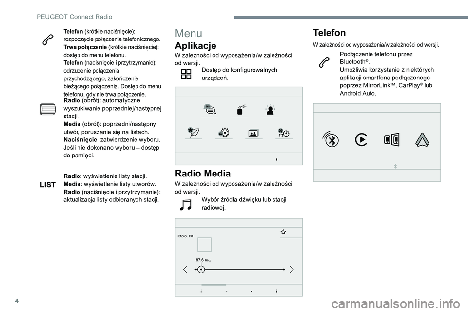 Peugeot 508 2019 Instrukcja Obsługi (in Polish) 4
Telefon (krótkie naciśnięcie):
rozpoczęcie połączenia telefonicznego.
Trwa połączenie (krótkie naciśnięcie):
dostęp do menu telefonu.
Telefon (naciśnięcie i przytrzymanie):
odrzuc Peugeot 508 2019 Instrukcja Obsługi (in Polish) 4
Telefon (krótkie naciśnięcie):
rozpoczęcie połączenia telefonicznego.
Trwa połączenie (krótkie naciśnięcie):
dostęp do menu telefonu.
Telefon (naciśnięcie i przytrzymanie):
odrzuc