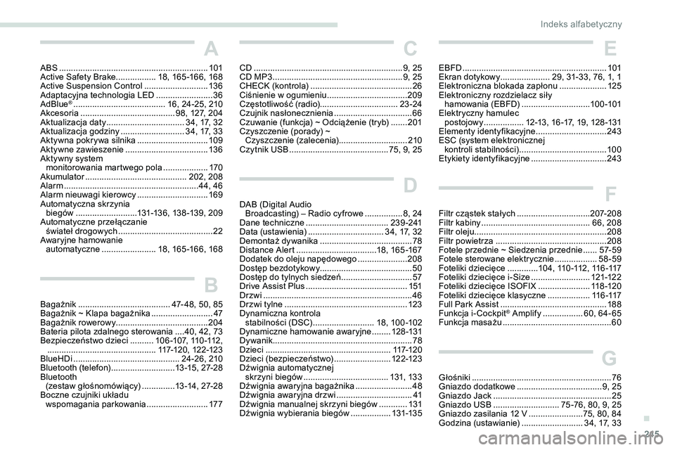 Peugeot 508 2019 Instrukcja Obsługi (in Polish) 245
A
ABS ...............................................................101
Active Safety Brake................. 18, 165 -166, 168 Active Suspension Control
...........................13
6
Adaptac Peugeot 508 2019 Instrukcja Obsługi (in Polish) 245
A
ABS ...............................................................101
Active Safety Brake................. 18, 165 -166, 168 Active Suspension Control
...........................13
6
Adaptac
