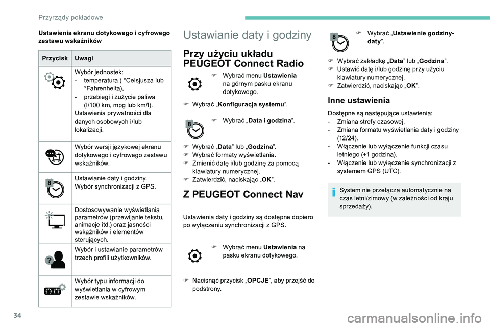 Peugeot 508 2019  Instrukcja Obsługi (in Polish) 34
PrzyciskUwagi
Wybór jednostek:
-
 
t
 emperatura (   °Celsjusza lub 
°Fahrenheita),
-
 
p
 rzebiegi i zużycie paliwa 
(l/100 km, mpg lub km/l).
Ustawienia prywatności dla 
danych osobowych i/l