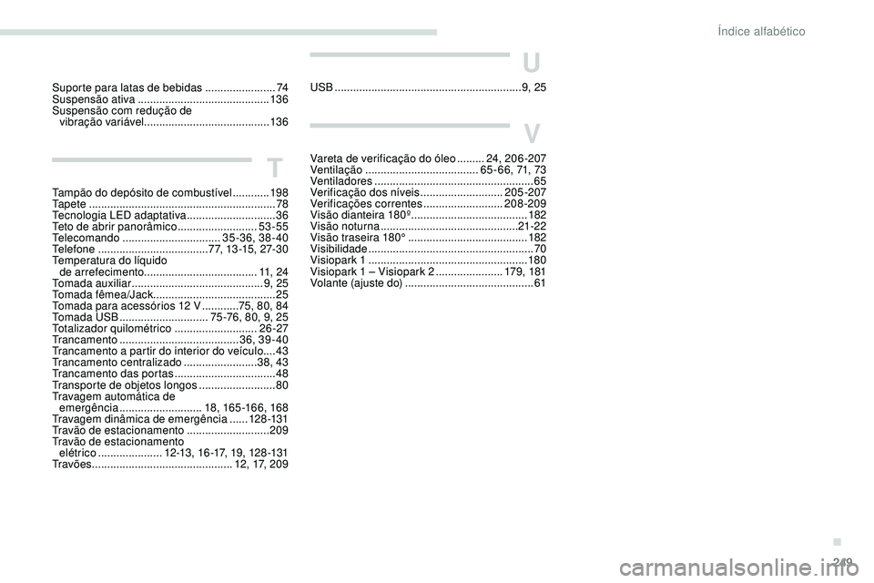 Peugeot 508 2019 Manual do proprietário (in Portuguese) 249
U
USB ............................................................. 9, 25
V
Vareta de verificação do óleo .........2 4, 206-207
Ventilação .............................. .......65 - 66, 71, 7 Peugeot 508 2019 Manual do proprietário (in Portuguese) 249
U
USB ............................................................. 9, 25
V
Vareta de verificação do óleo .........2 4, 206-207
Ventilação .............................. .......65 - 66, 71, 7