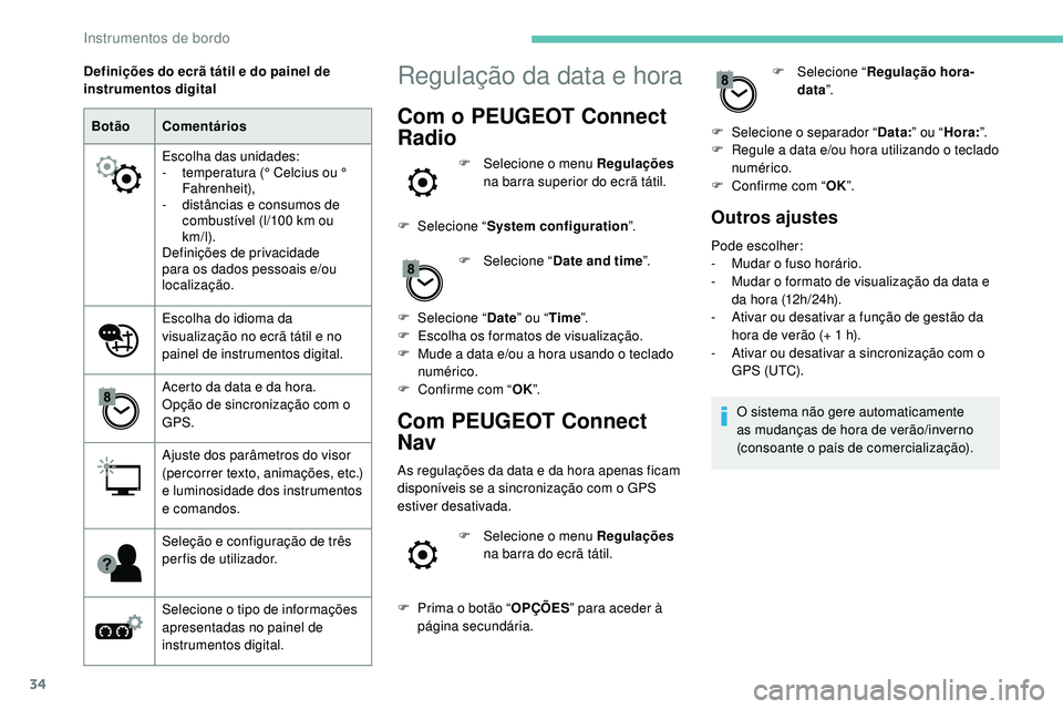 Peugeot 508 2019 Manual do proprietário (in Portuguese) 34
BotãoComentários
Escolha das unidades:
-
t
emperatura (° Celcius ou °
Fahrenheit),
-
d
istâncias e consumos de
combustível (l/100 km ou
km/l).
Definições de privacidade
para os da Peugeot 508 2019 Manual do proprietário (in Portuguese) 34
BotãoComentários
Escolha das unidades:
-
t
emperatura (° Celcius ou °
Fahrenheit),
-
d
istâncias e consumos de
combustível (l/100 km ou
km/l).
Definições de privacidade
para os da