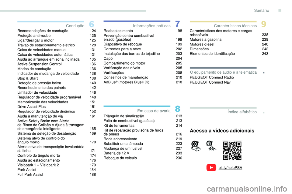 Peugeot 508 2019  Manual do proprietário (in Portuguese) 3
.
bit.ly/helpPSA
.
Recomendações de condução 124
Proteção antirroubo 1 25
Ligar/desligar o motor
 1

25
Travão de estacionamento elétrico
 
1
 28
Caixa de velocidades manual
 
1
 31
Caixa de