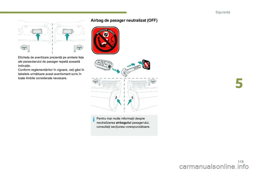 Peugeot 508 2019  Manualul de utilizare (in Romanian) 113
Eticheta de avertizare prezentă pe ambele fețe 
ale parasolarului de pasager repetă această 
indicație.
Conform reglementărilor în vigoare, veți găsi în 
tabelele următoare acest averti