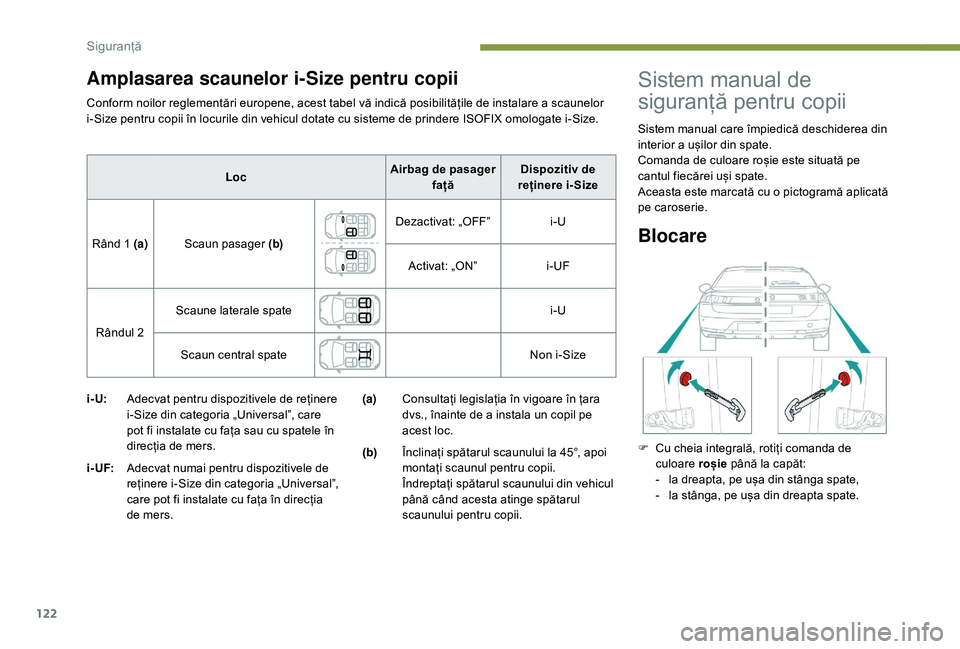 Peugeot 508 2019  Manualul de utilizare (in Romanian) 122
Conform noilor reglementări europene, acest tabel vă indică posibilitățile de instalare a scaunelor 
i-Size pentru copii în locurile din vehicul dotate cu sisteme de prindere ISOFIX omologat Peugeot 508 2019  Manualul de utilizare (in Romanian) 122
Conform noilor reglementări europene, acest tabel vă indică posibilitățile de instalare a scaunelor 
i-Size pentru copii în locurile din vehicul dotate cu sisteme de prindere ISOFIX omologat