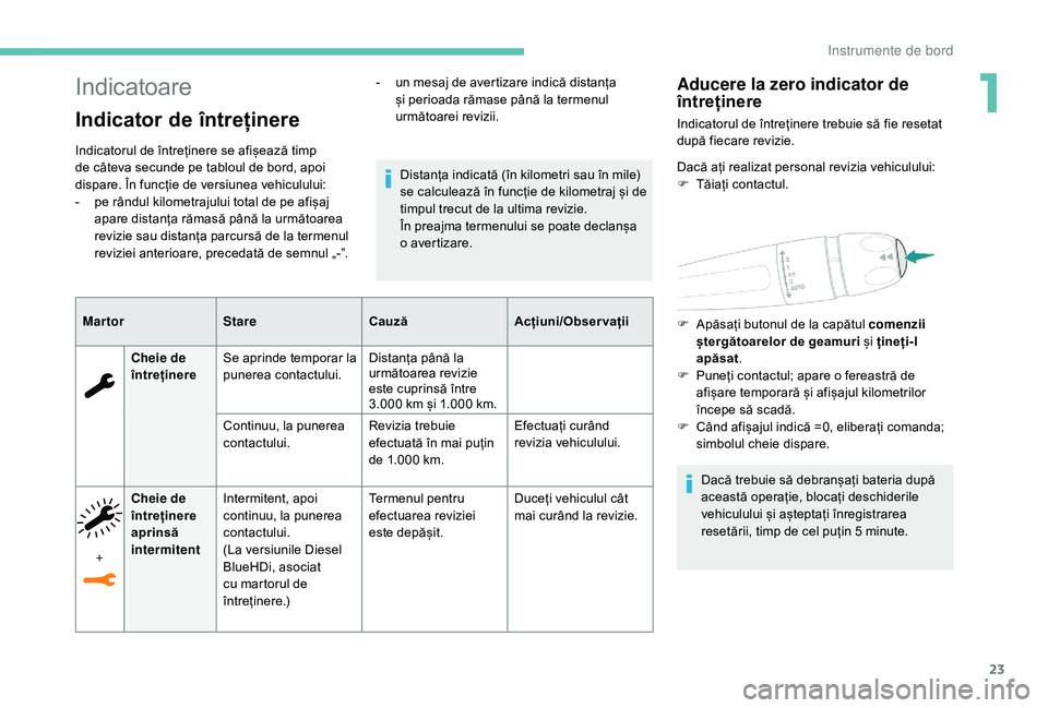 Peugeot 508 2019  Manualul de utilizare (in Romanian) 23
Indicatoare
Indicator de întreținere
Indicatorul de întreținere se afișează timp 
de câteva secunde pe tabloul de bord, apoi 
dispare. În funcție de versiunea vehiculului:
- 
p
 e rândul 