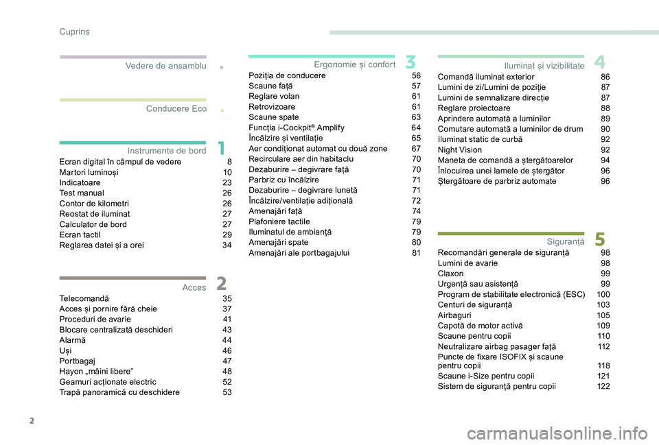 Peugeot 508 2019  Manualul de utilizare (in Romanian) 2
.
.
Ecran digital în câmpul de vedere 8
M artori luminoși  1 0
Indicatoare
 2

3
Test manual
 
2
 6
Contor de kilometri
 
2
 6
Reostat de iluminat
 
2
 7
Calculator de bord
 
2
 7
Ecran tactil
 
