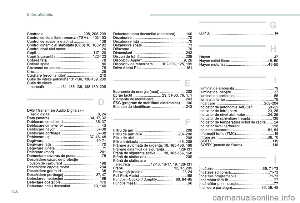 Peugeot 508 2019  Manualul de utilizare (in Romanian) 246
Controale....................................... 205, 208-209
Control de stabilitate remorca (TSM)  ....10
2-103
Control de suspensie activă
 
.........................13

6
Control dinamic al st